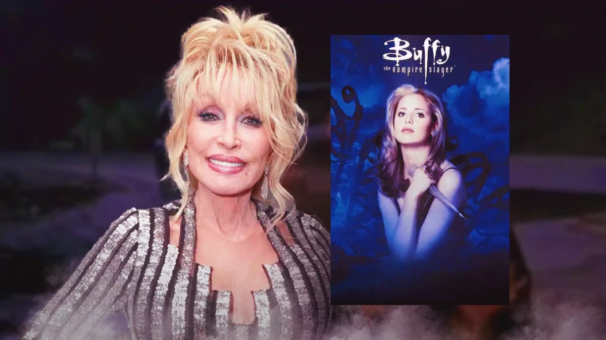 Dolly Parton on one side, Buffy the Vampire Slayer poster on the other