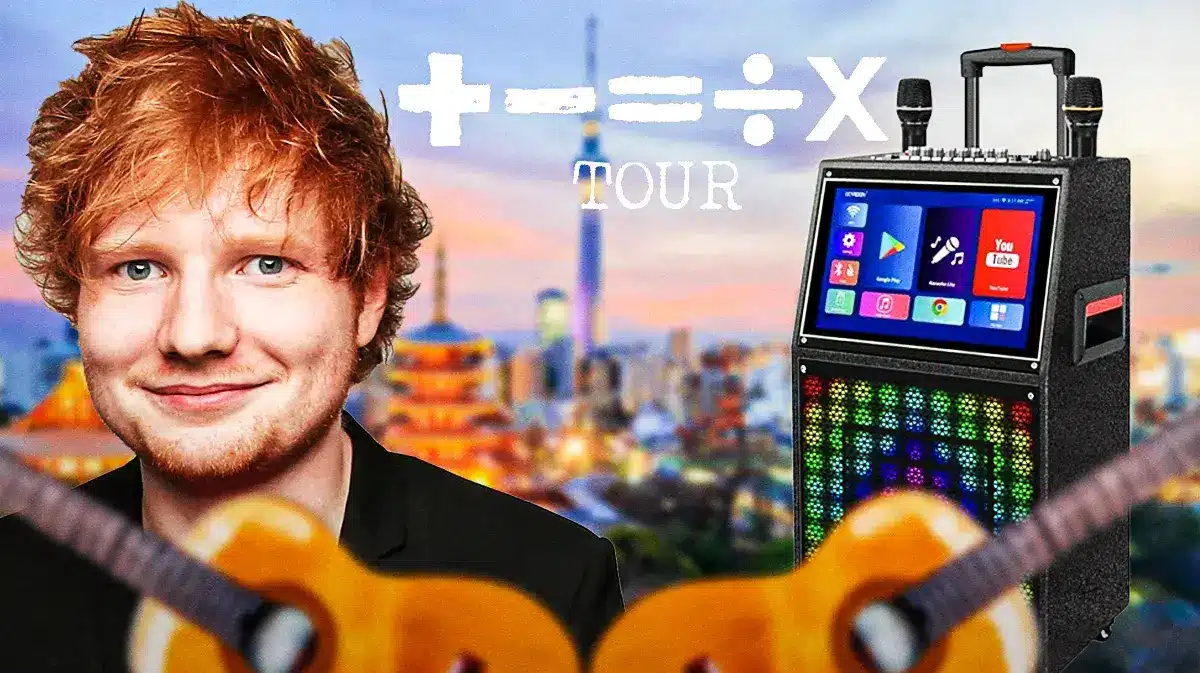 Ed Sheeran with Mathematics tour logo, Karaoke machine, and Japan background.