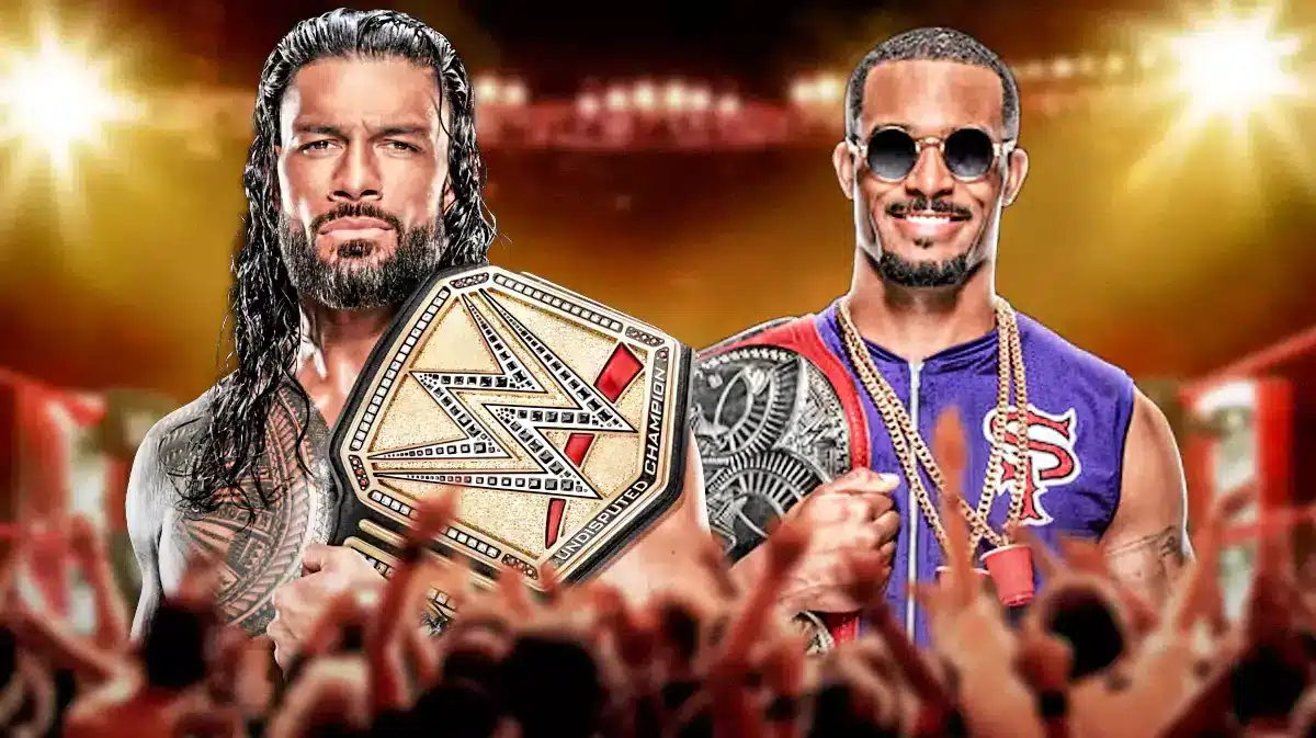 Roman Reigns holding Undisputed WWE Universal Championship next to Montez Ford with wrestling ring background.
