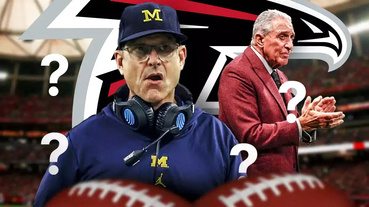Jim Harbaugh, Arthur Blank. Falcons logo. Question marks all around