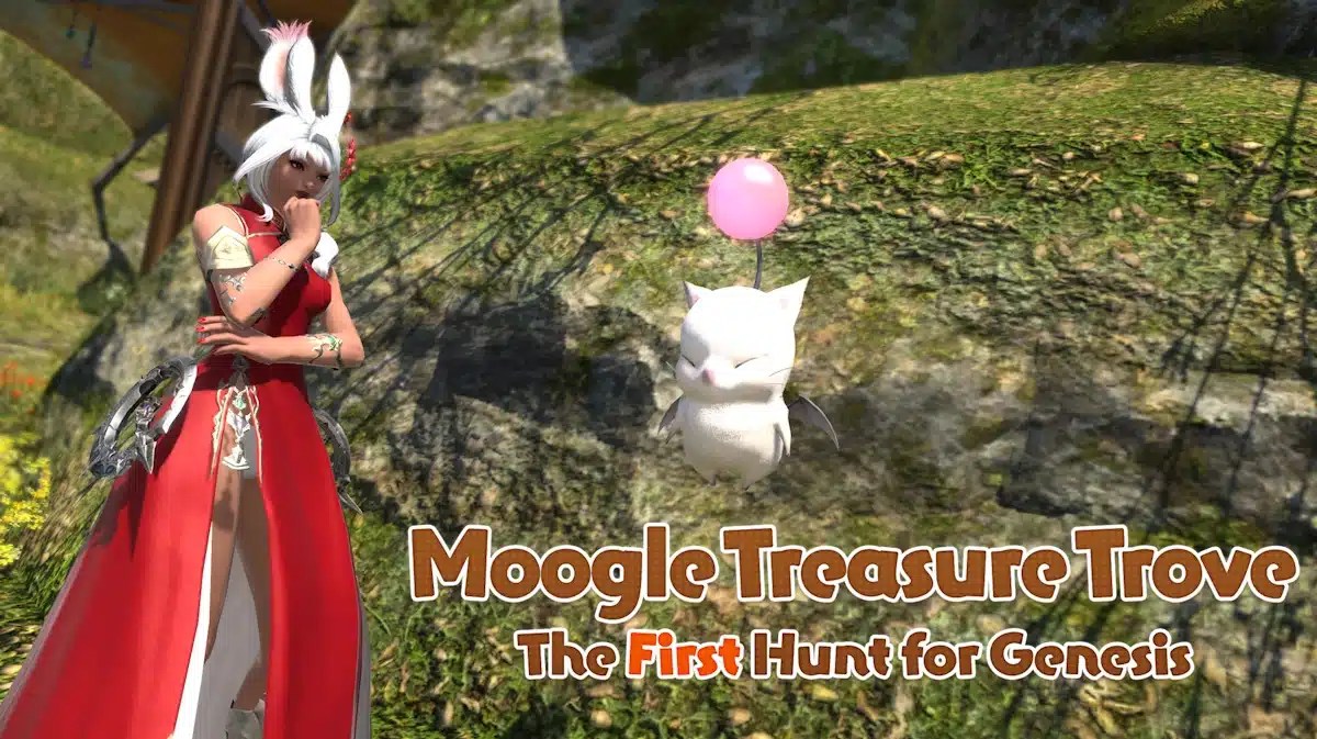 ffxiv moogle treasure trove january 2024, ffxiv moogle treasure trove, ffxiv moogle event rewards, ffxiv moogle event, ffxiv, a screenshot of the itenerant moogle with the words moogle treasure trove the first hunt for genesis under it