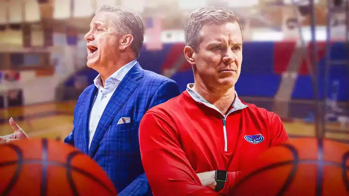 Florida Atlantic basketball head coach Dusty May and Kentucky head coach John Calipari in front of Eleanor R. Baldwin arena.