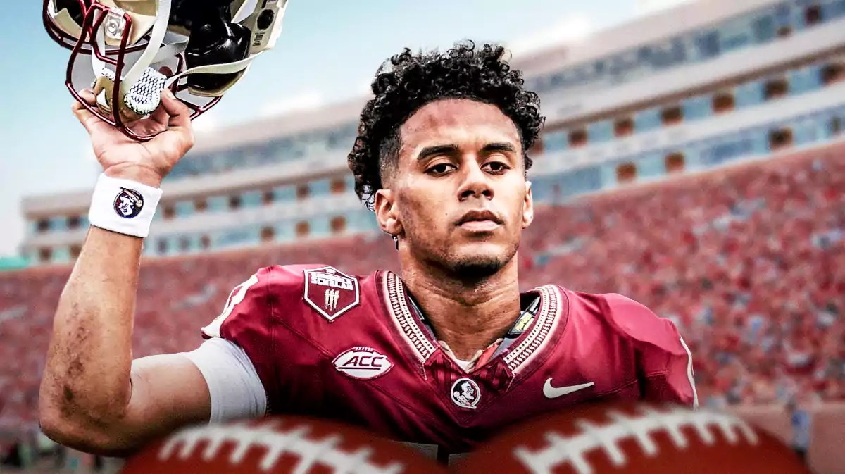 Florida State football quarterback Jordan Travis looking sad.