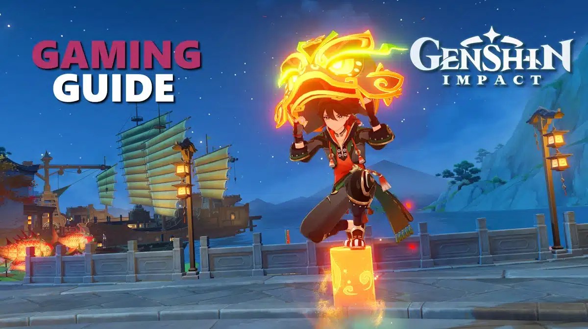 gaming build, gaming genshin impact, gaming, gaming weapon, gaming artifacts, a screenshot of Gaming from Genshin Impact with the game logo in one corner and the words Gaming Guide in the other