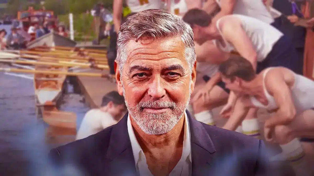 George Clooney with a scene from The Boys in the Boat.