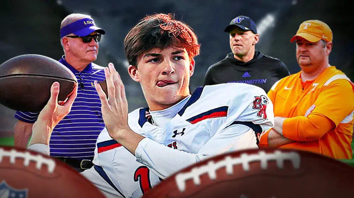 George MacIntyre with Tennessee coach Josh Heupel, Alabama coach Kalen DeBoer and LSU coach Brian Kelly looking.