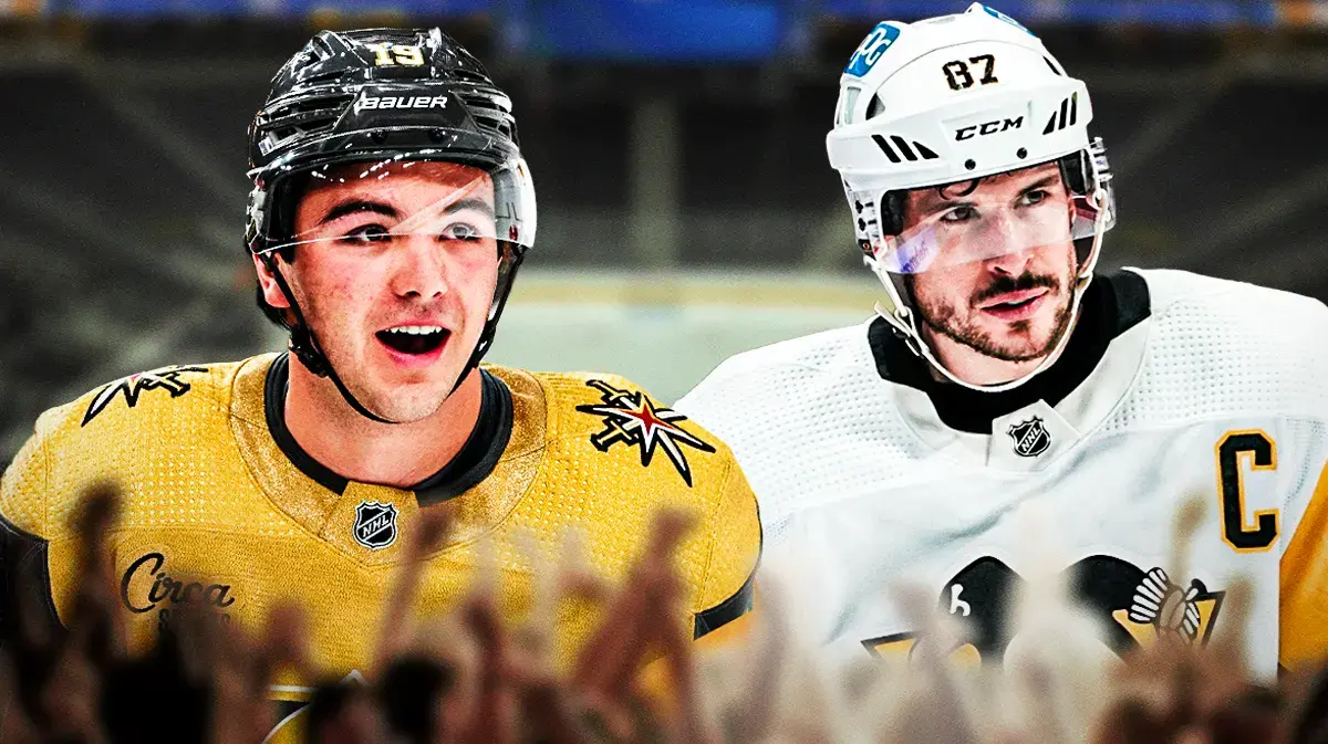 Vegas Golden Knights center Brendan Brisson on the left, Penguins star Sidney Crosby on the right.