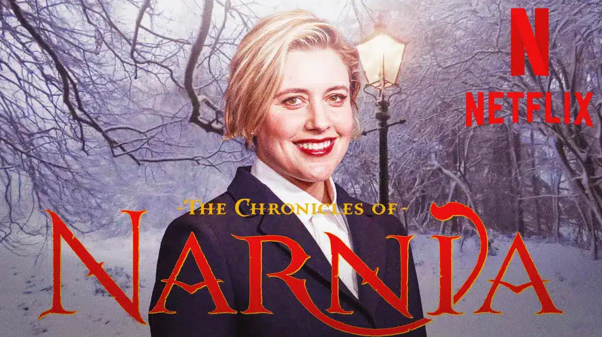 Greta Gerwig with Chronicles of Narnia logo and Netflix logo.