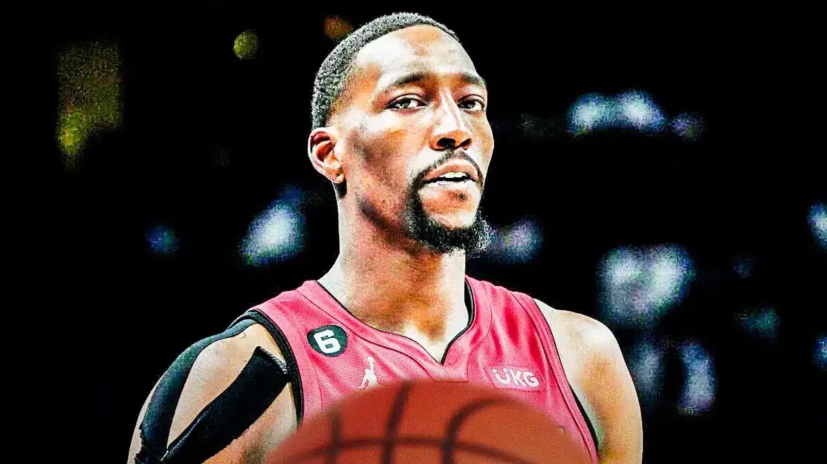 Miami Heat star Bam Adebayo in front of the Kaseya Center.