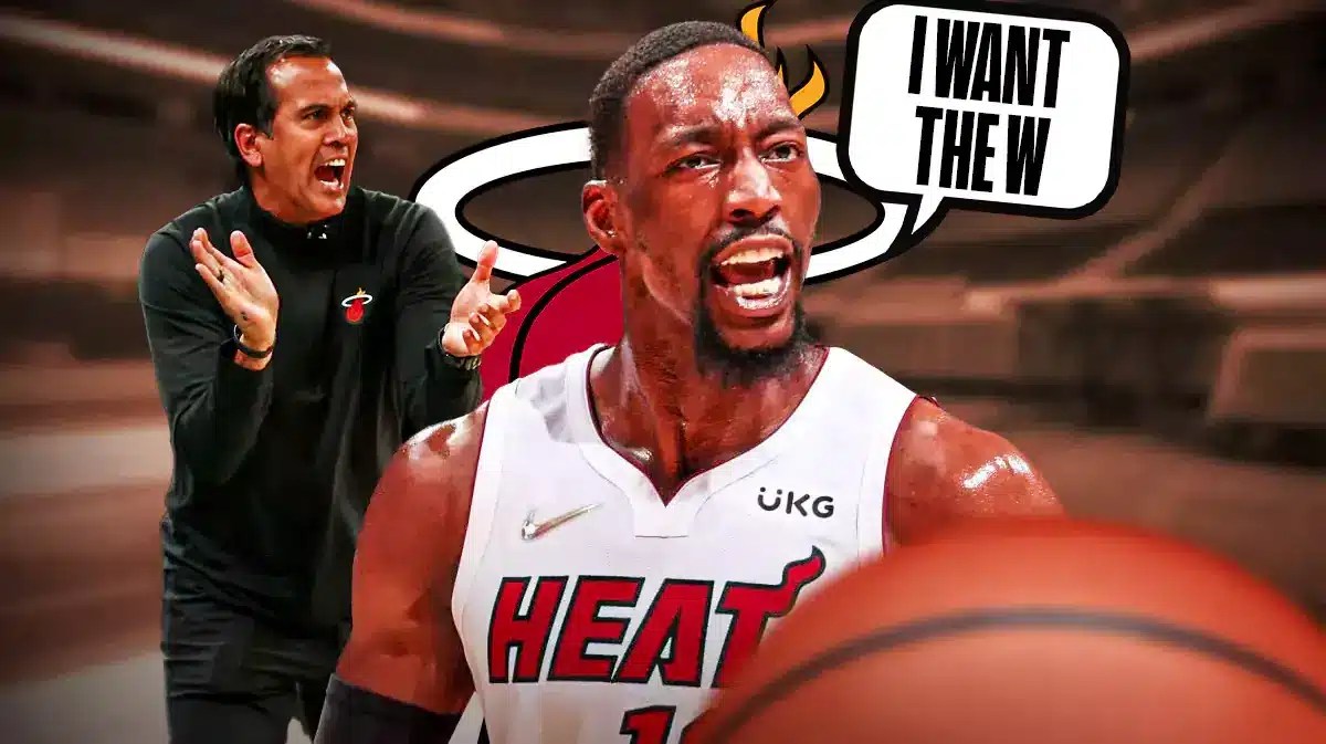 Miami Heat star Bam Adebayo and head coach Erik Spoelstra in front of the Kaseya Center.