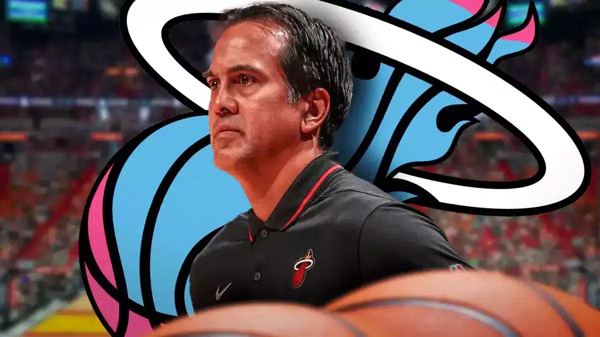 Miami Heat head coach Erik Spoelstra in front of the Kaseya Center.