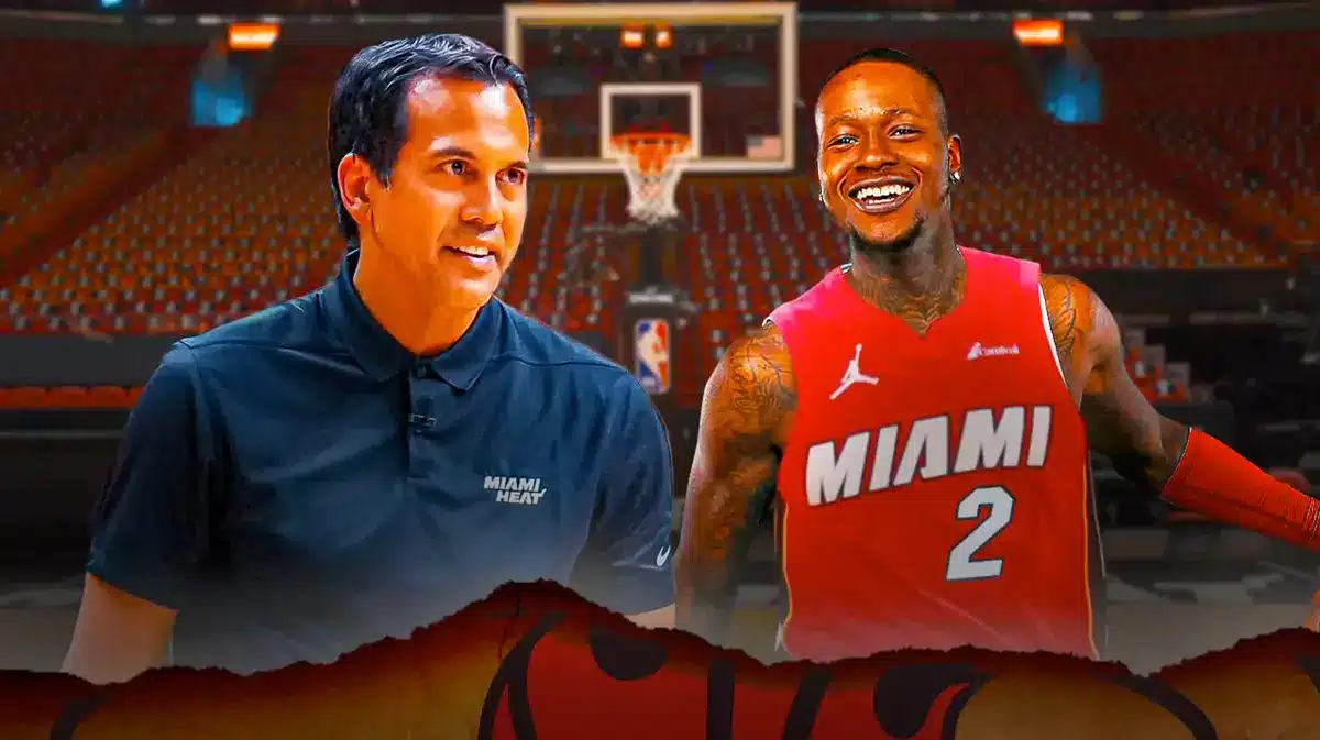 Miami Heat head coach Erik Spoelstra and star Terry Rozier in front of the Kaseya Center.
