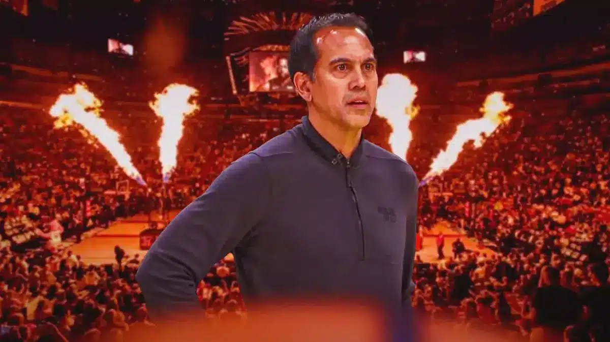 Miami Heat head coach Erik Spoelstra in front of the Kaseya Center.
