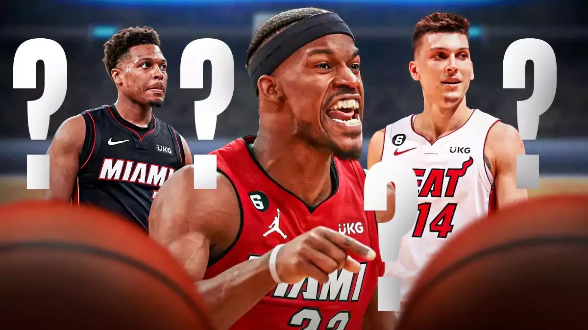 Miami Heat stars Jimmy Butler, Kyle Lowry, and Tyler Herro with question marks around them in front of the Kaseya Center.