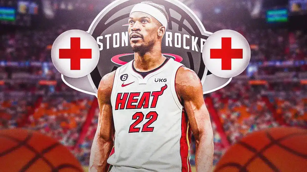 Miami Heat star Jimmy Butler around injury signs and the Houston Rockets logo in front of the Kaseya Center.