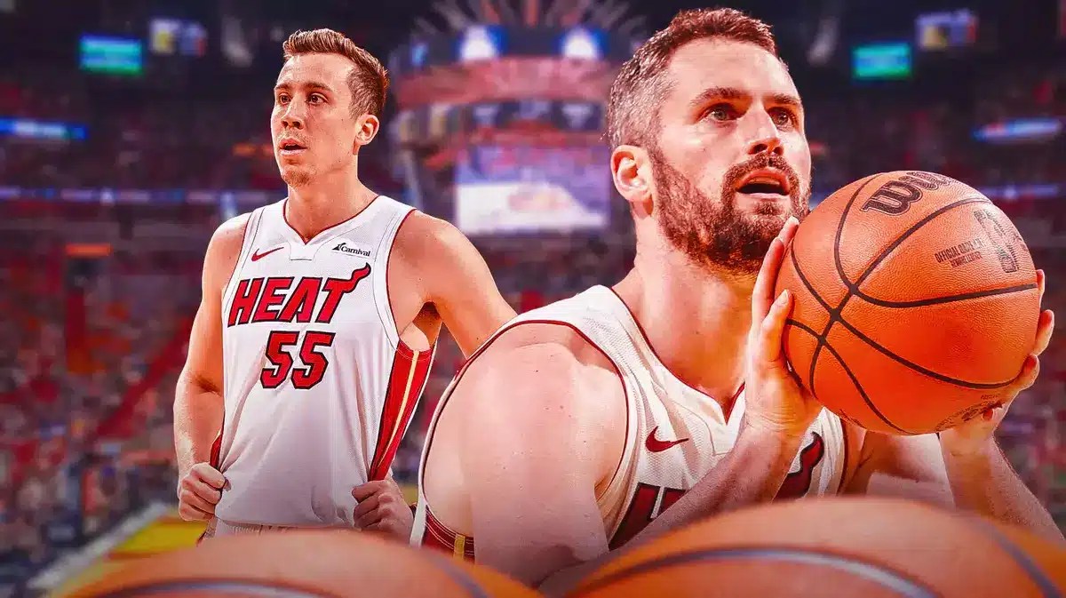 Miami Heat stars Kevin Love and Duncan Robinson in front of the Kaseya Center.