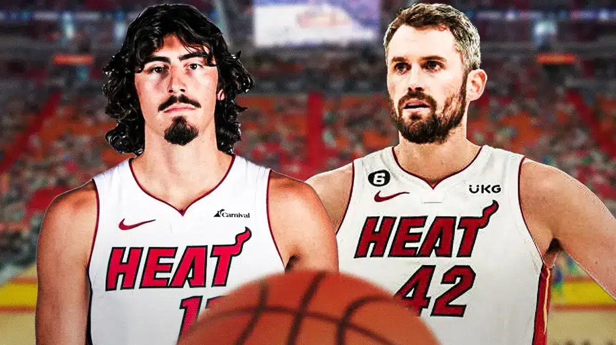 Miami Heat stars Jaime Jaquez Jr. and Kevin Love in front of the Kaseya Center.