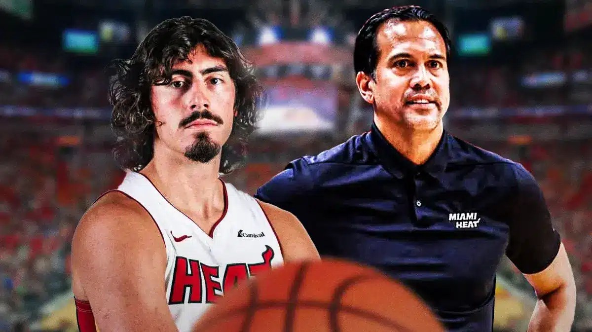 Miami Heat star Jaime Jaquez Jr. and head coach Erik Spoelstra in front of the Kaseya Center.