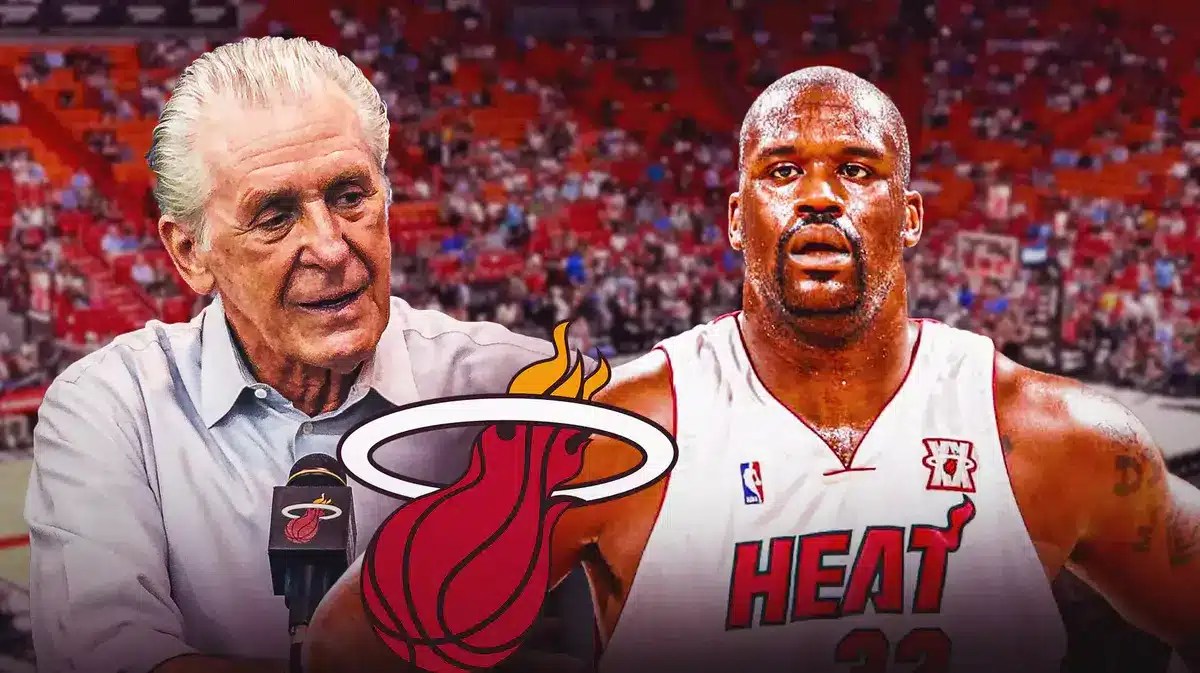 Heat president Pat reacts to trading for Shaq, Riley standing next to Dwyane Wade while Jimmy Butler sits out of frame