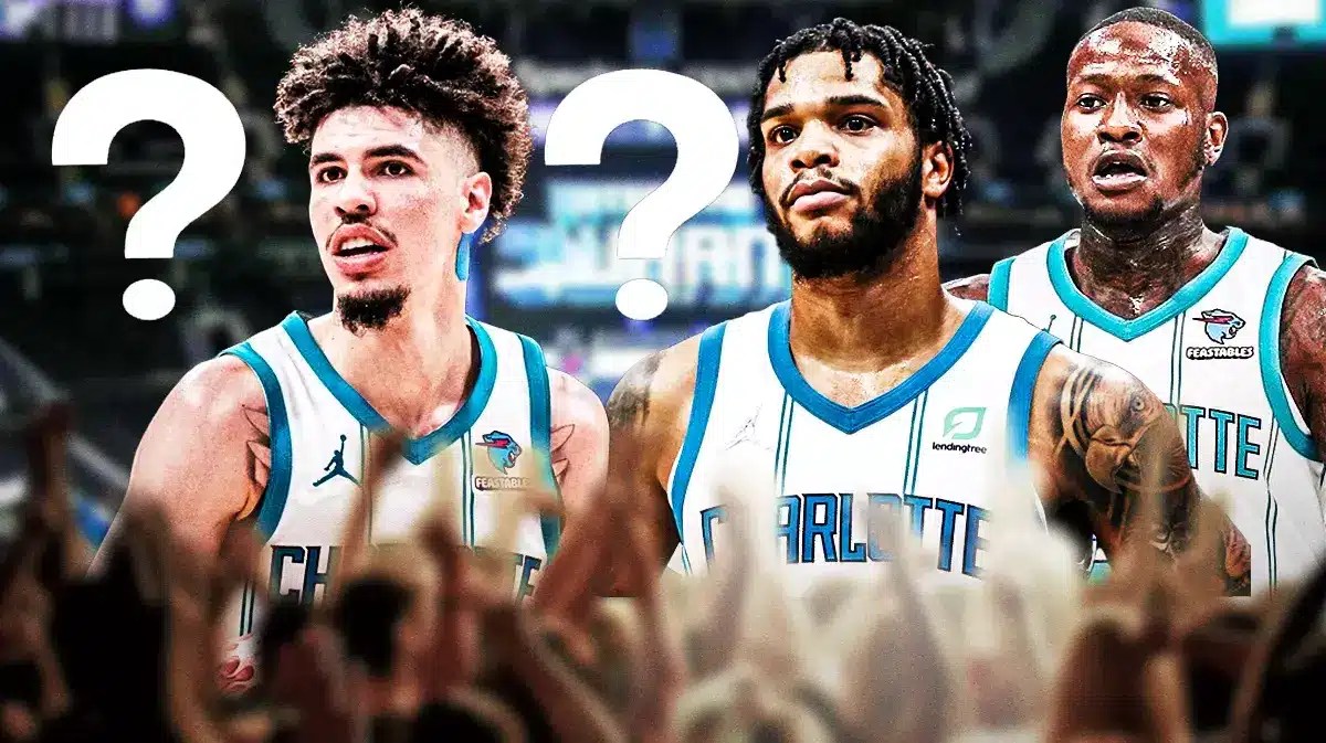 LaMelo Ball next to Terry Rozier, Miles Bridges [Hornets]