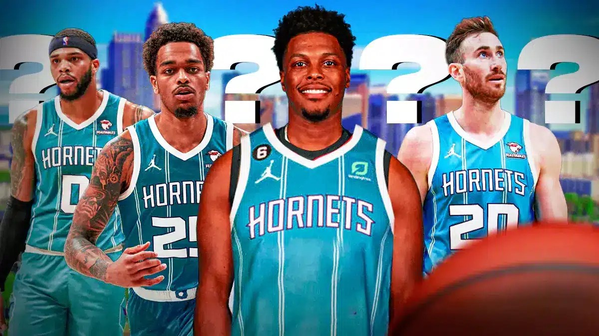 Kyle Lowry, Gordon Hayward, PJ Washington, Miles Bridgers (all in Hornets jerseys) with question marks all around