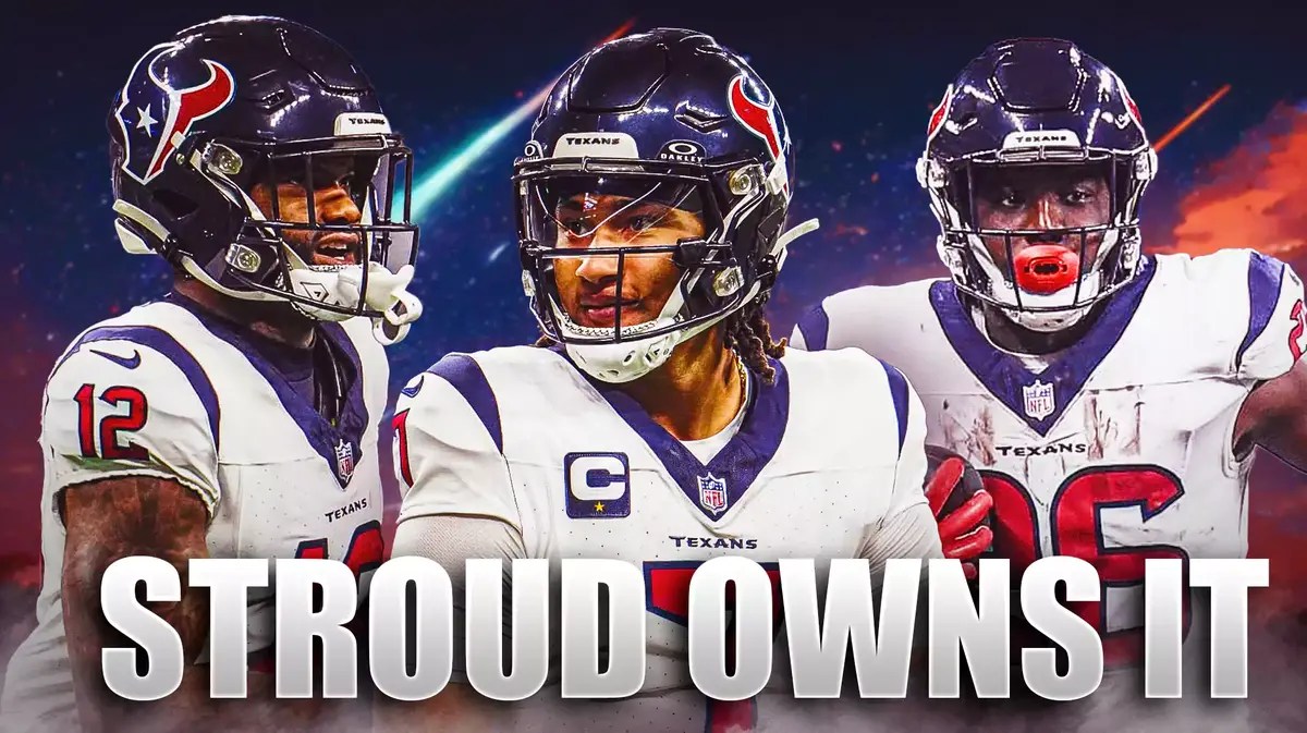 CJ Stroud, Nico Collins, Devin Singletary all beside each other with meteors in the background.
