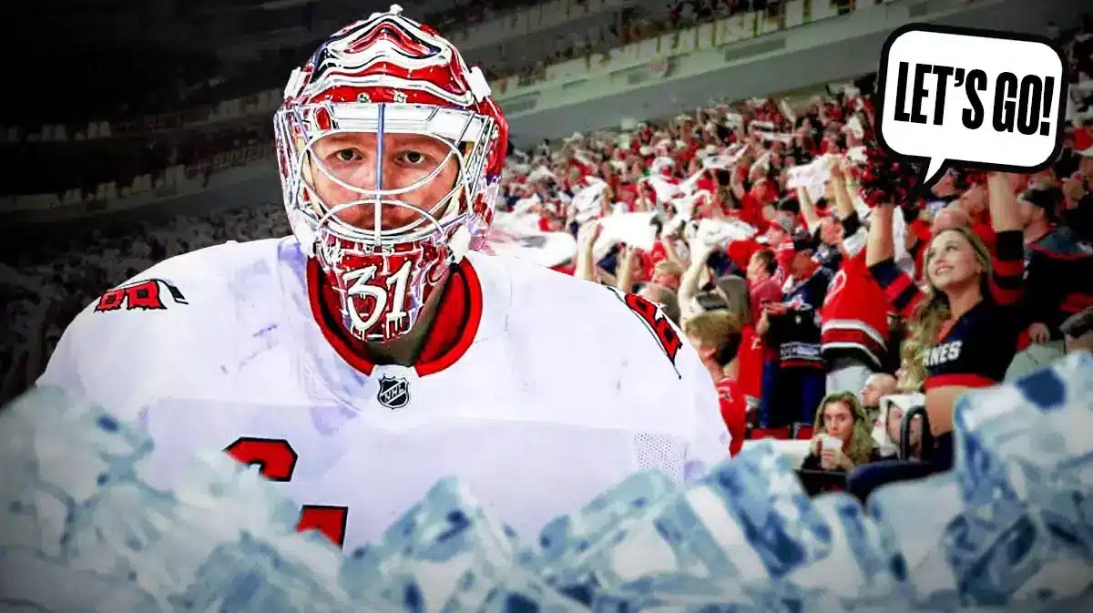 Frederik Andersen on one side, a bunch of Carolina Hurricanes fans on the other side with a speech bubble that says “Let’s go!”
