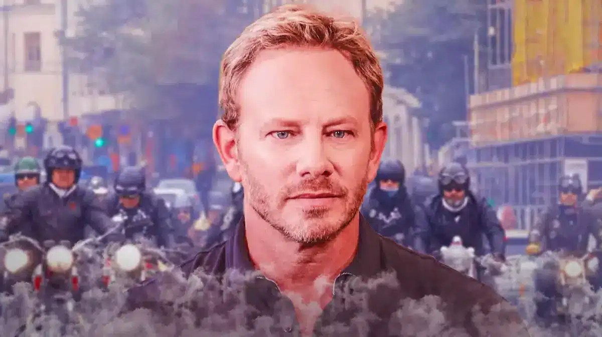 Ian Ziering with bikers in the background.
