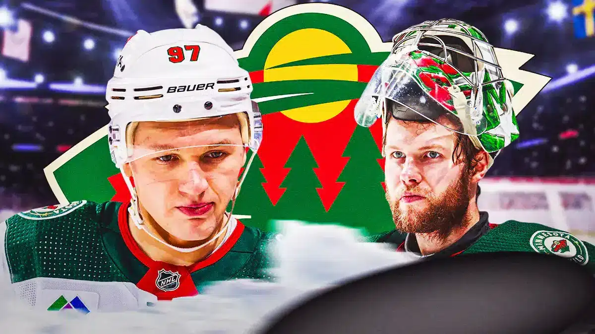 Filip Gustavsson and Kirill Kaprizov on either side looking hopeful, Minnesota Wild logo in middle, hockey rink in background NHL Power Rankings