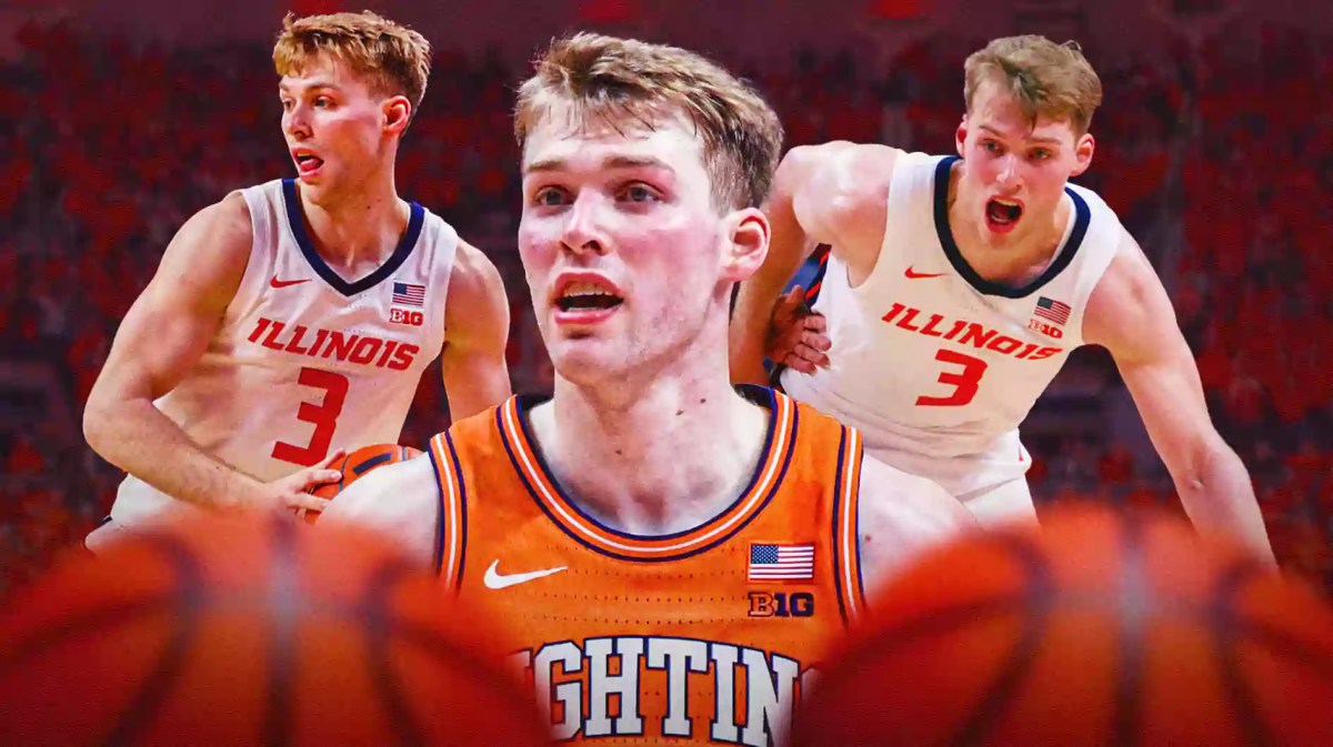 Illinois basketball, Northwestern basketball, Fighting Illini, Marcus Domask, Chris Collins, Marcus Domask in Illinois uni with Illinois basketball arena in the background