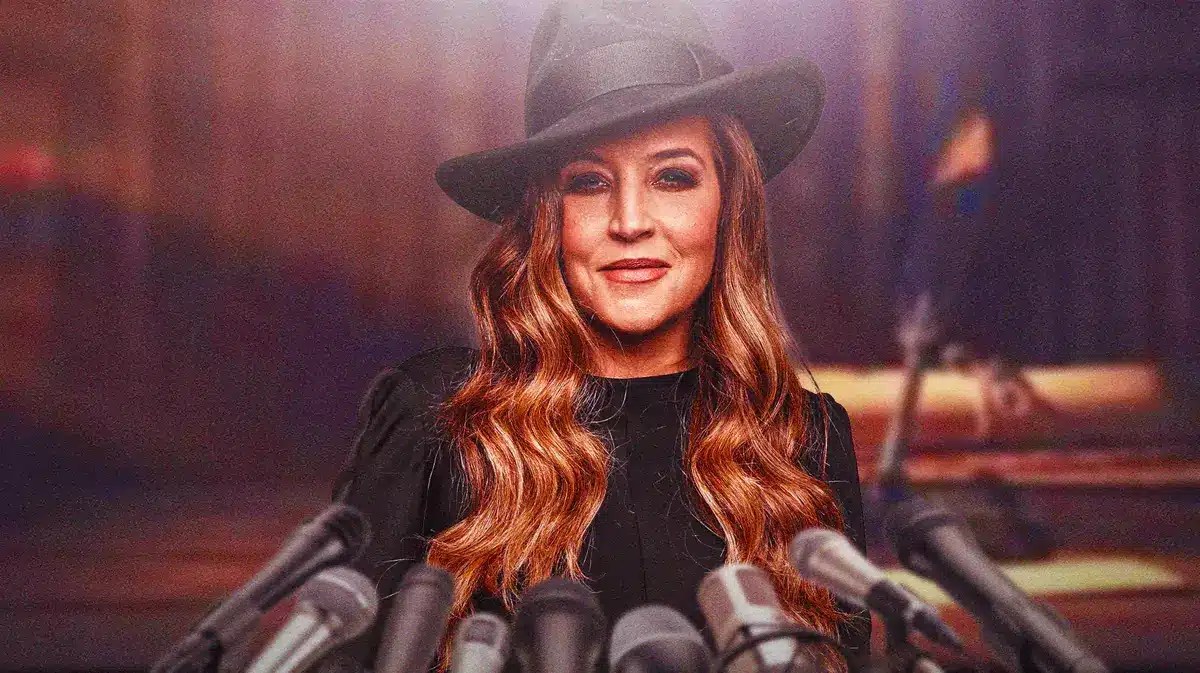 Lisa Marie Presley with microphones in front of her.