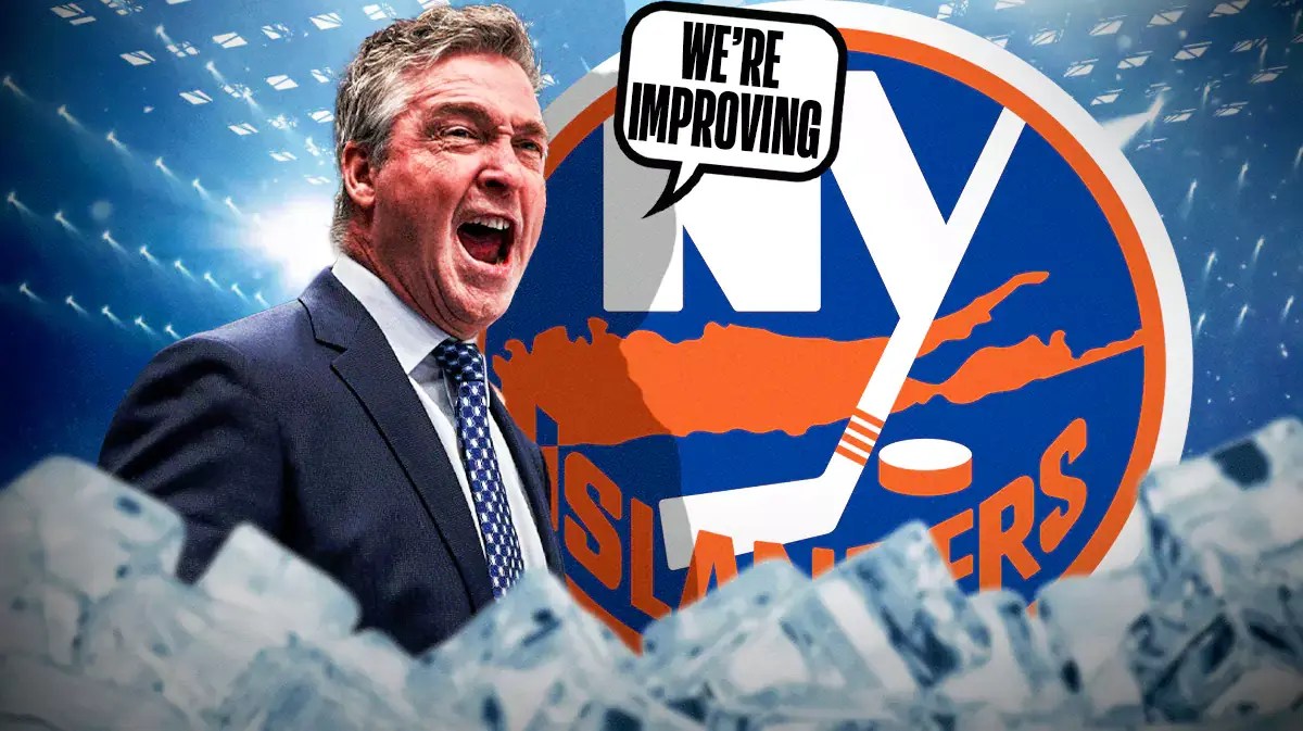 Patrick Roy saying "We're improving" next to the New York Islanders logo