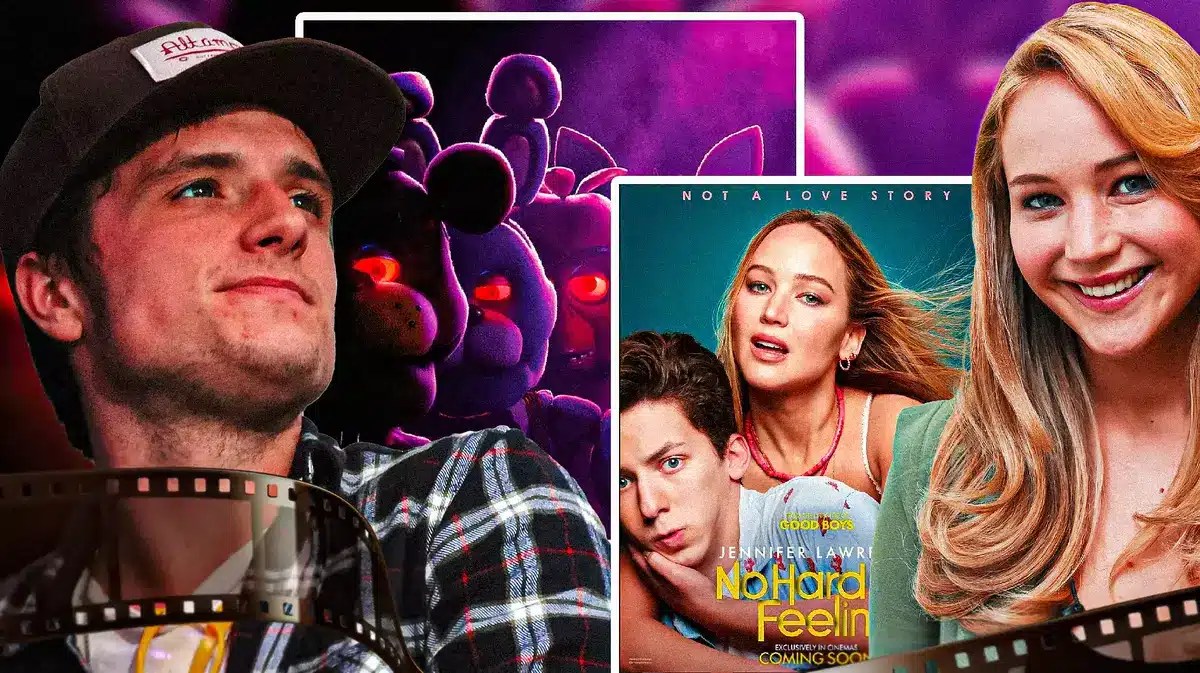 Josh Hutcherson and Hunger Games co-star Jennifer Lawrence with posters of Five Nights at Freddy's and No Hard Feelings.