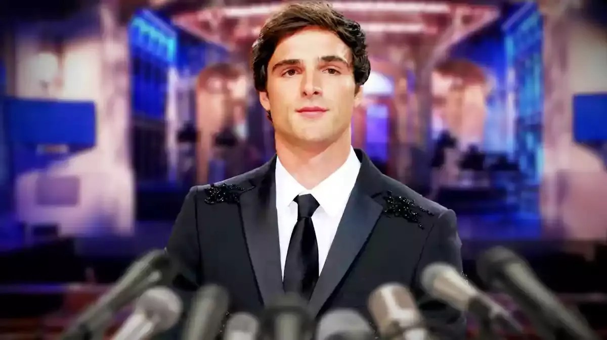 Jacob Elordi behind microphones.