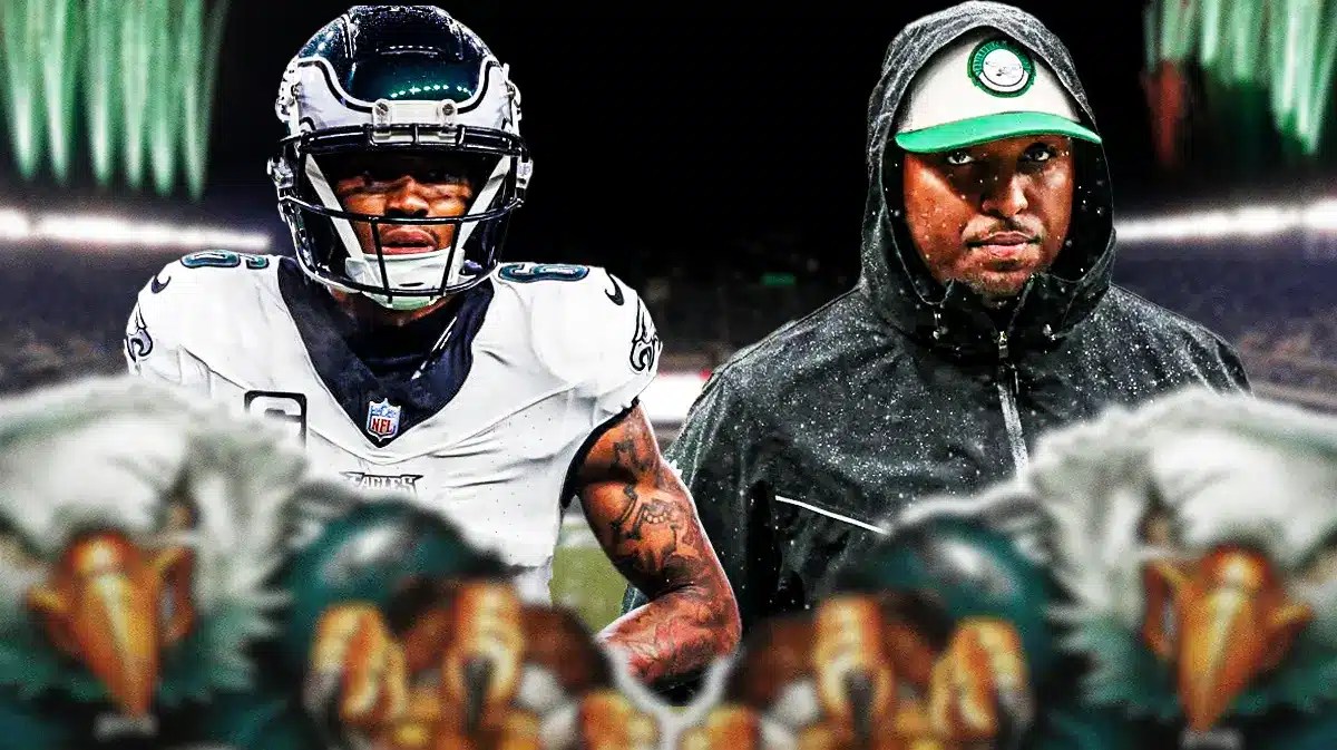 Eagles, DeVonta Smith, Brian Johnson, DeVonta Smith Eagles, Kellen Moore, DeVonta Smith and Brian Johnson with Eagles stadium in the background