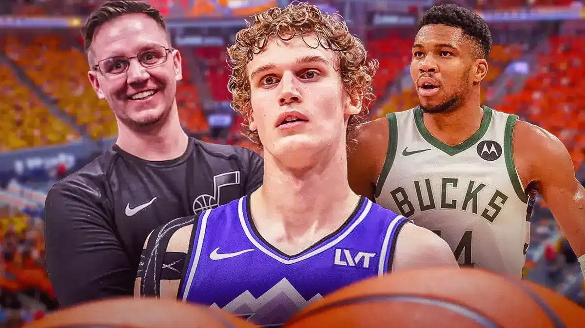 Lauri Markkanen laughing next to Jazz equipment trainer Adam Klauke. Giannis Antetokounmpo looking angry