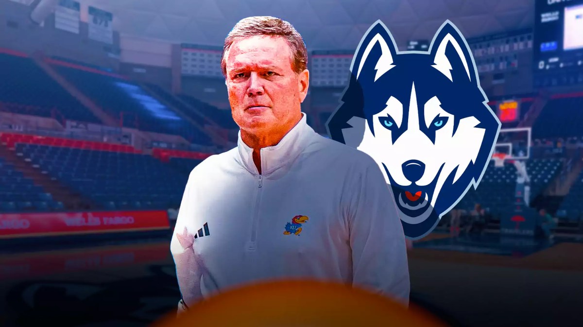 Kansas basketball, Jayhawks, Bill Self, UConn basketball, Huskies, Bill Self and UConn logo with UConn basketball arena in the background