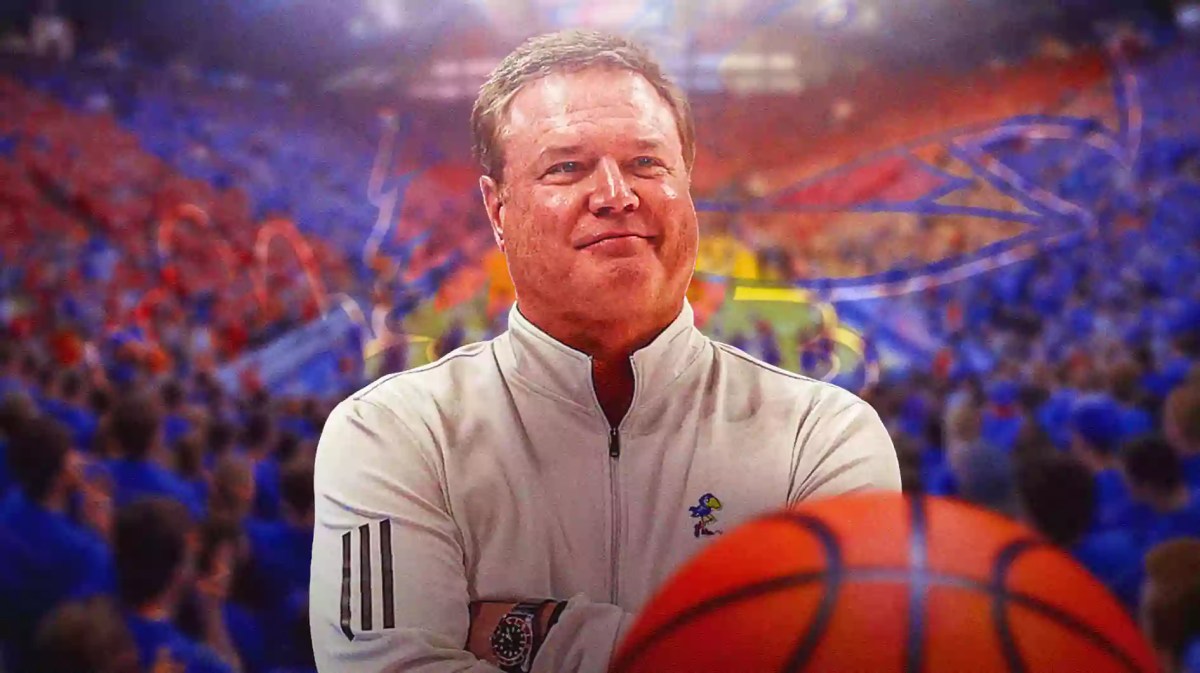 Kansas basketball, Jayhawks, Bill Self, UCF basketball, Knights, Bill Self with Kansas basketball arena in the background
