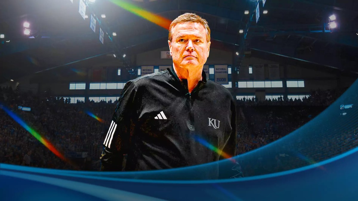 Kansas basketball, Jayhawks, Cincinnati basketball, Bearcats, Bill Self, Bill Self with Kansas basketball arena in the background