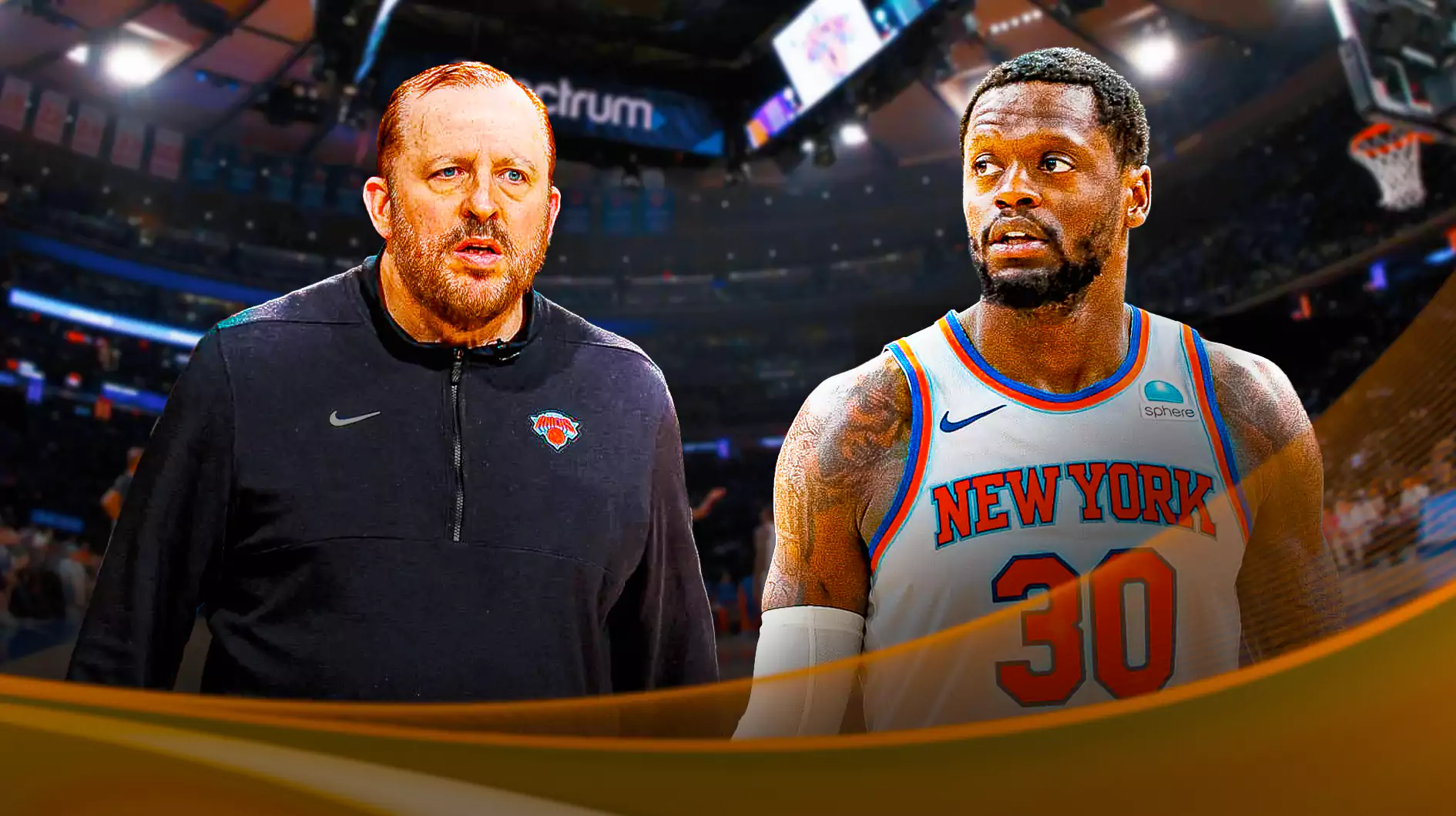 Julius Randle and Tom Thibodeau with the Knicks arena in the background, injury