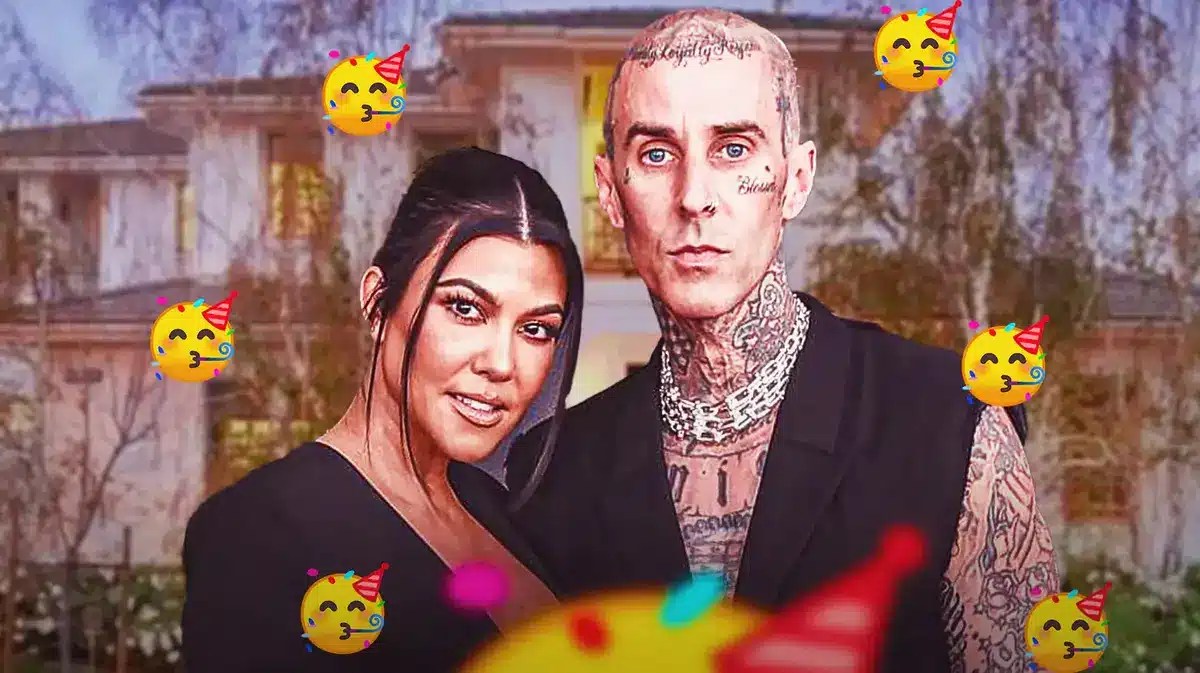Kourtney Kardashian and Travis Barker with the party emoji around them