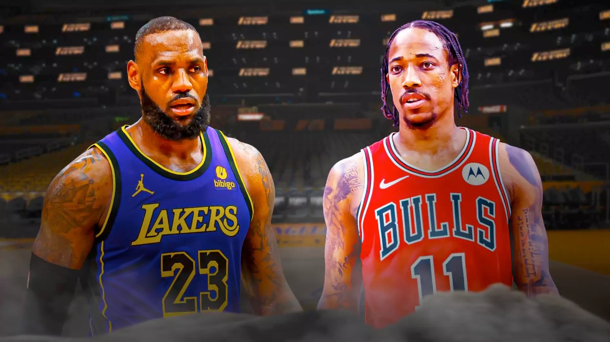 LeBron James opposite DeMar DeRozan with the Lakers arena in the background, Bulls