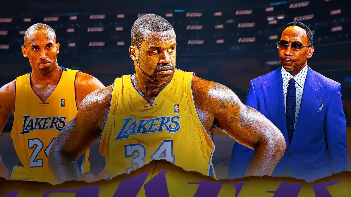 Shaquille O'Neal (Lakers) looking serious and Stephen A. Smith. Kobe Bryan in the background