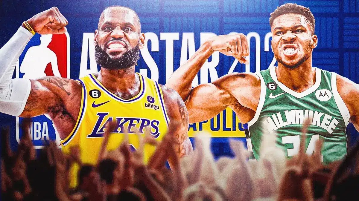 Giannis Antetokounmpo and LeBron James with 2024 NBA All-Star Game logo behind them