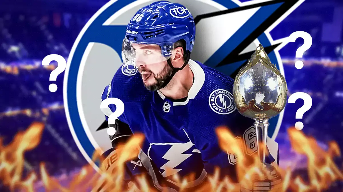 Nikita Kucherov in middle of image looking happy with fire around him, TB Lightning logo, Hart Trophy with a few question marks around it, hockey rink in background