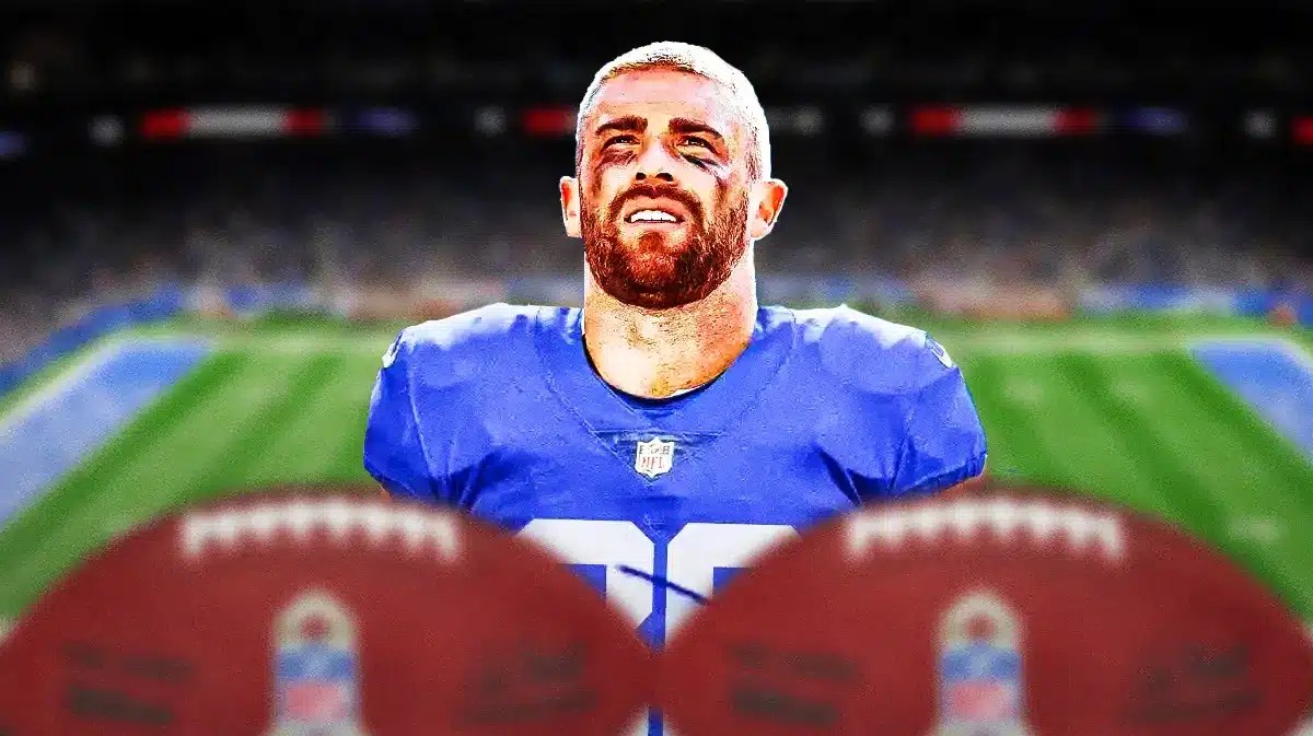 Lions, 49ers, NFC Championship, Dan Campbell, Zach Ertz, Zach Ertz in Lions uni with Lions stadium in the background