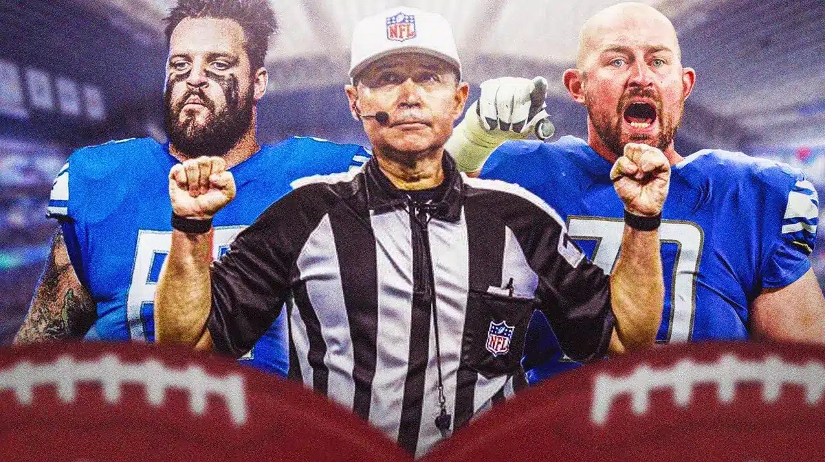 Lions' Taylor Decker and Dan Skipper with referee Brad Allen
