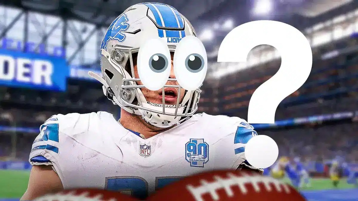 Lions' Sam LaPorta eyes popping out looking at a question mark.