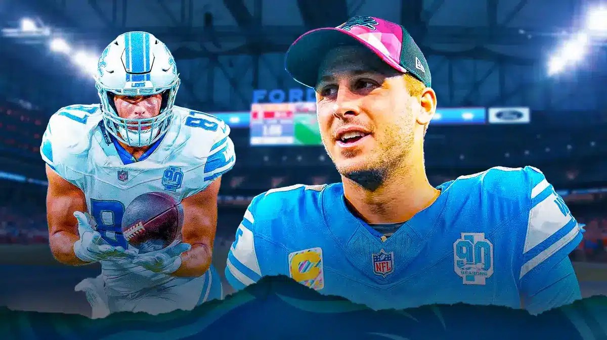 Lions' Sam LaPorta catching a football. Lions' Jared Goff smiling.