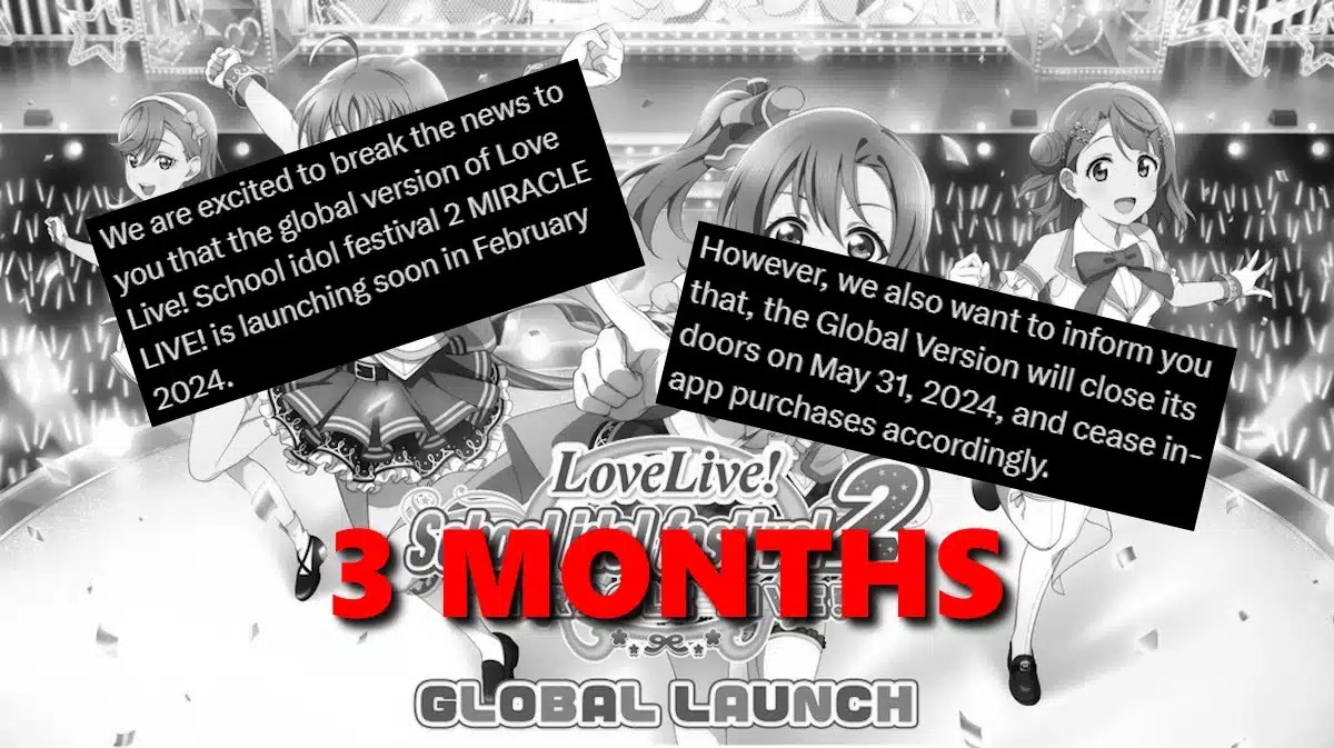 love live sif 2 launch, love live sif 2 closing, love live sif 2, love live sif, love live, a black and white key art for love live sif 2 with screenshots of the launch and closing tweet and the words 3 months on it